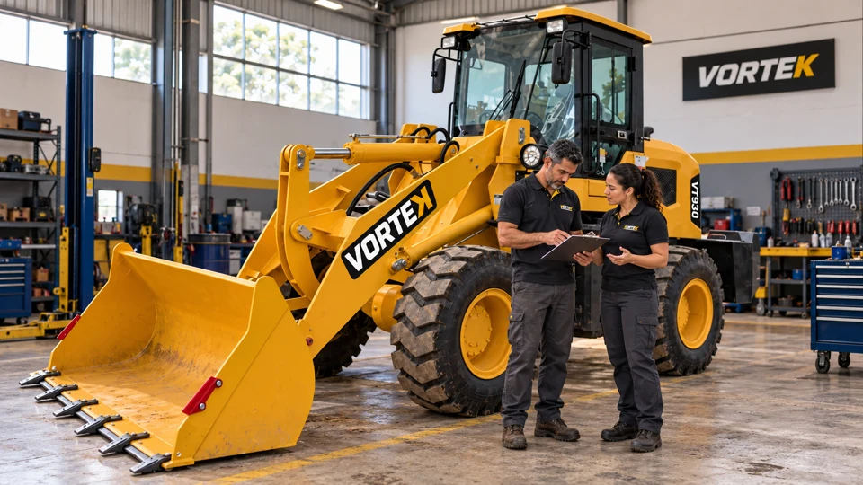 Cena publicitária ilustrativa de suporte técnico para máquinas Vortek