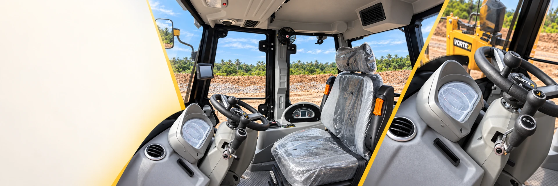 Montagem da cabine VT388 com banco, volante, painel, comandos e saídas de ar